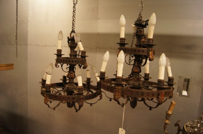 Pair of iron chandeliers, mid 20th C