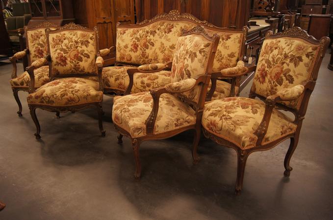 Louis XV style walnut 5 piece sofa set, around 1900