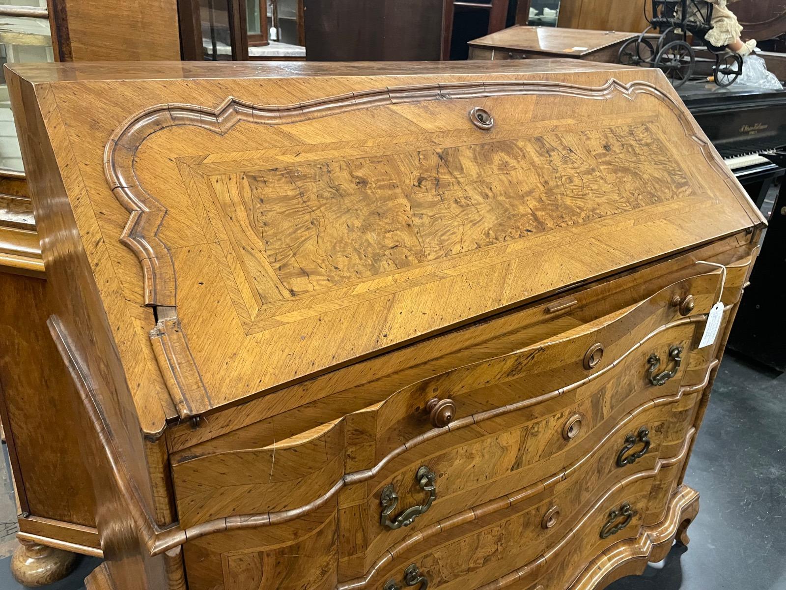18th century German walnut secretary desk, 122x60x116H cm 