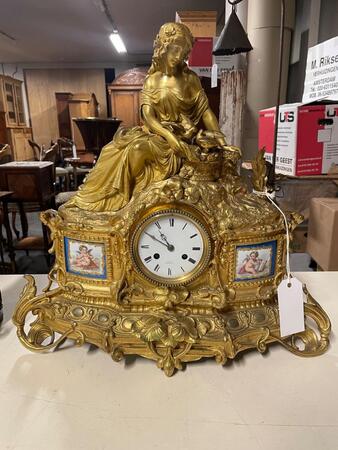19th Century Bronze gilded clock with porcelain plaques. 51w x 50h cm 