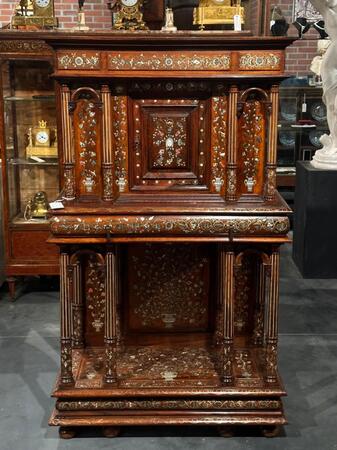 19th C. northern italy Walnut Cabinet with brass- and mother of pearl marquetry, 45x94x157h cm