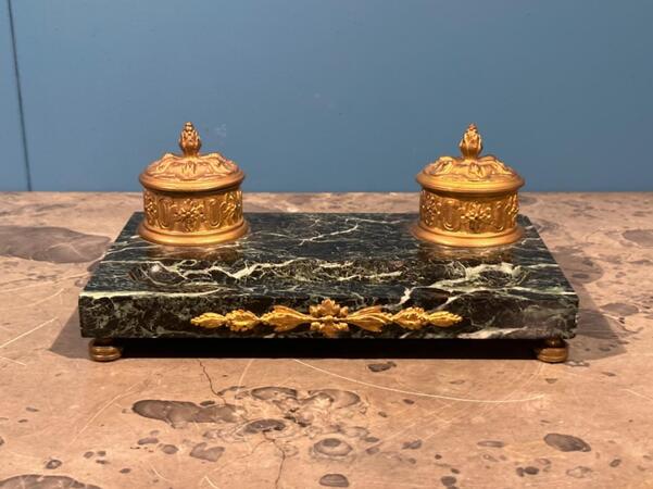 Bronze & Marble Inkwell Desk Set