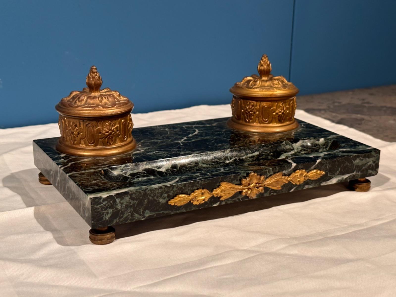 Bronze & Marble Inkwell Desk Set