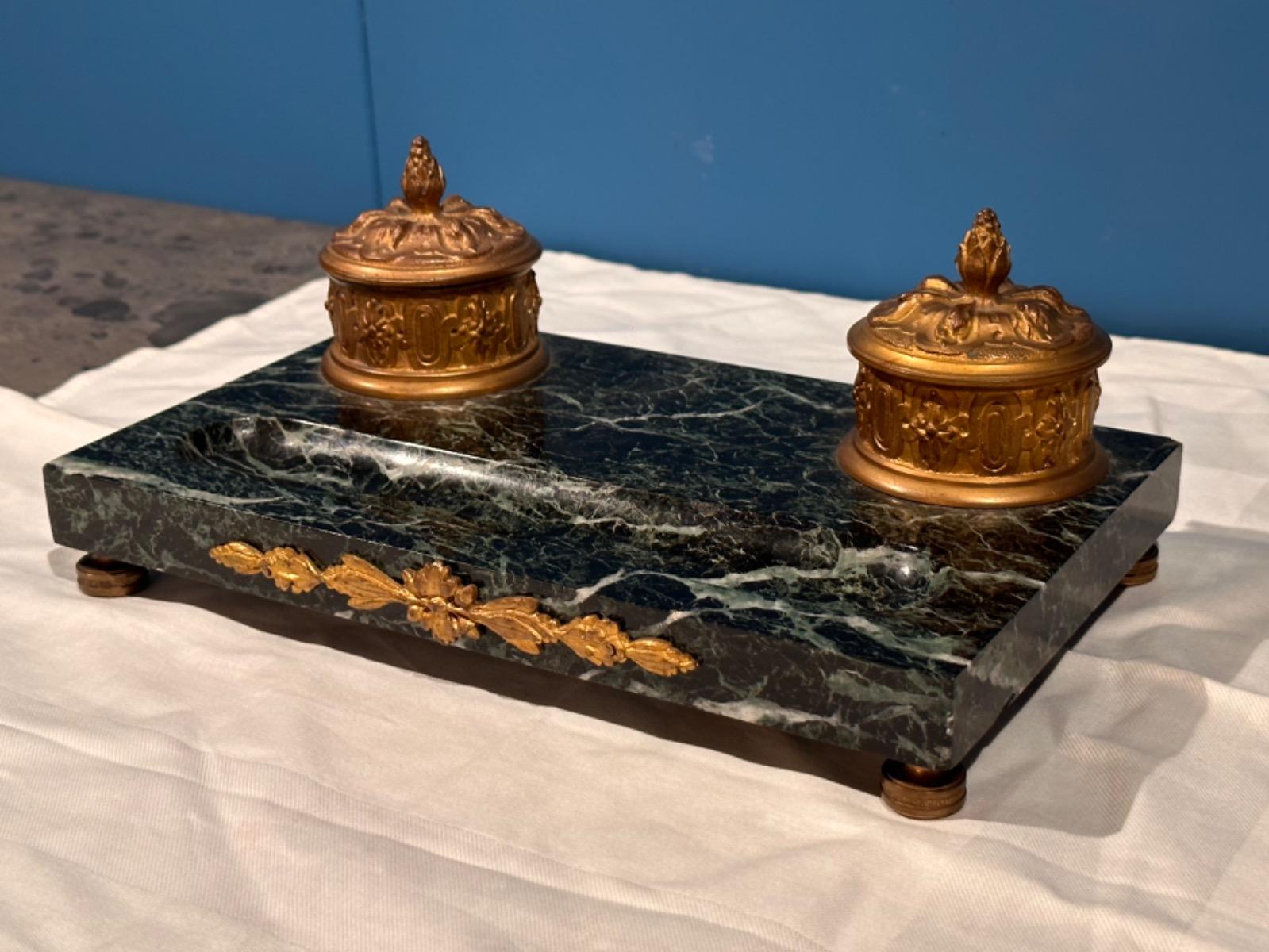 Bronze & Marble Inkwell Desk Set
