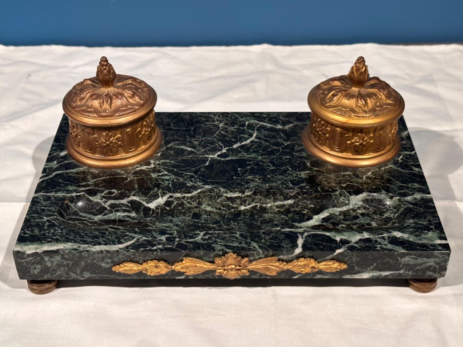 Bronze & Marble Inkwell Desk Set