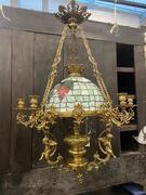 Bronze chandelier with stained glass shade, 125h x 75 cm in diameter 
