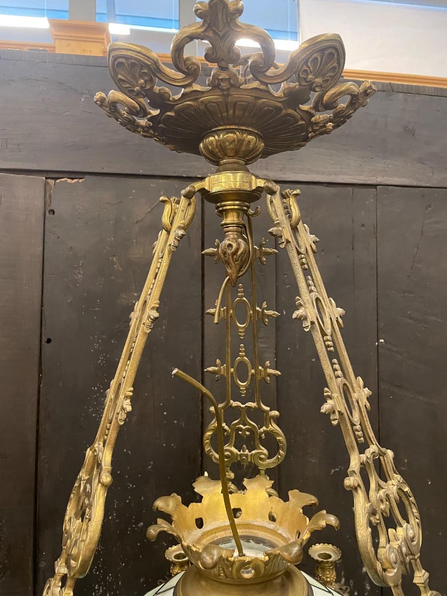 Bronze chandelier with stained glass shade, 125h x 75 cm in diameter 