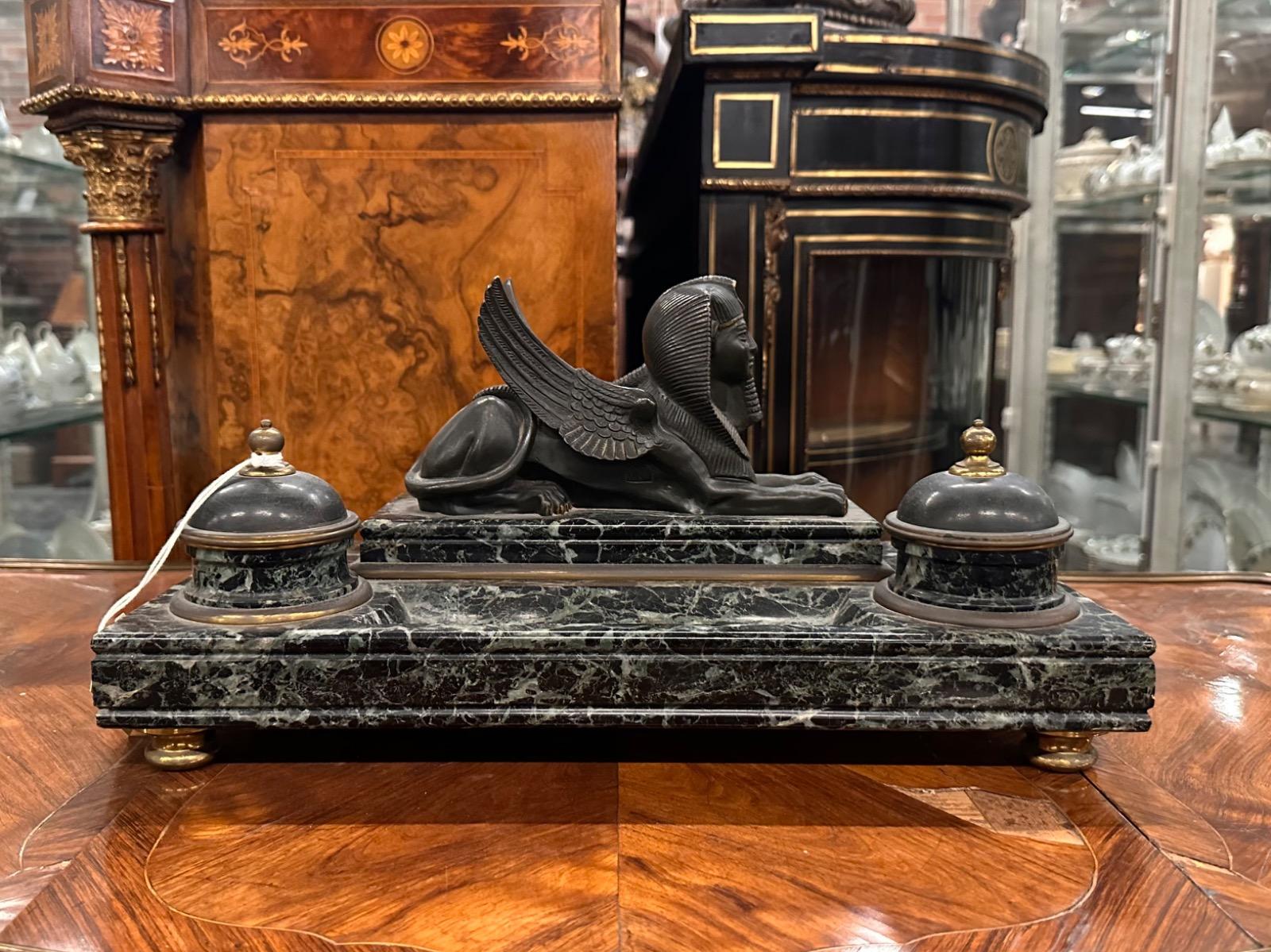 Egyptian Revival Bronze & Marble Inkwell Desk Set, 41x19x21h cm