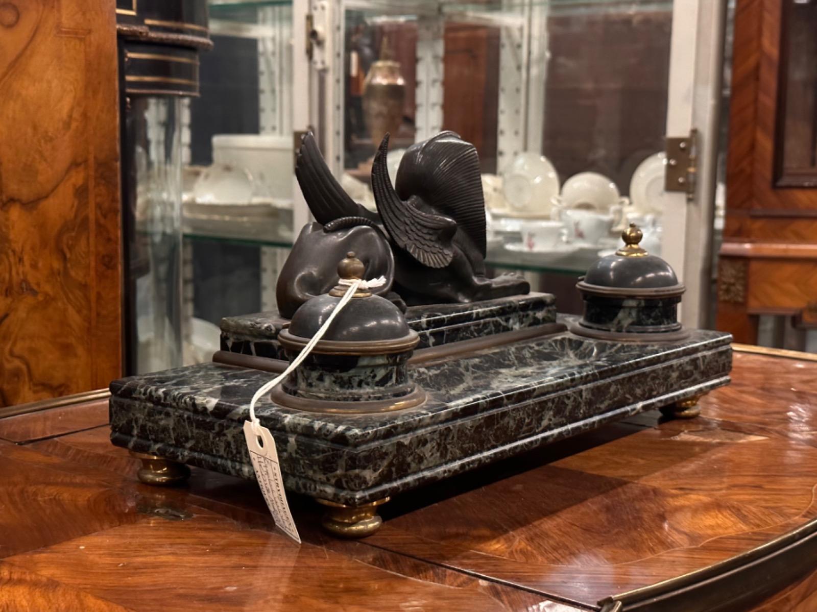 Egyptian Revival Bronze & Marble Inkwell Desk Set, 41x19x21h cm