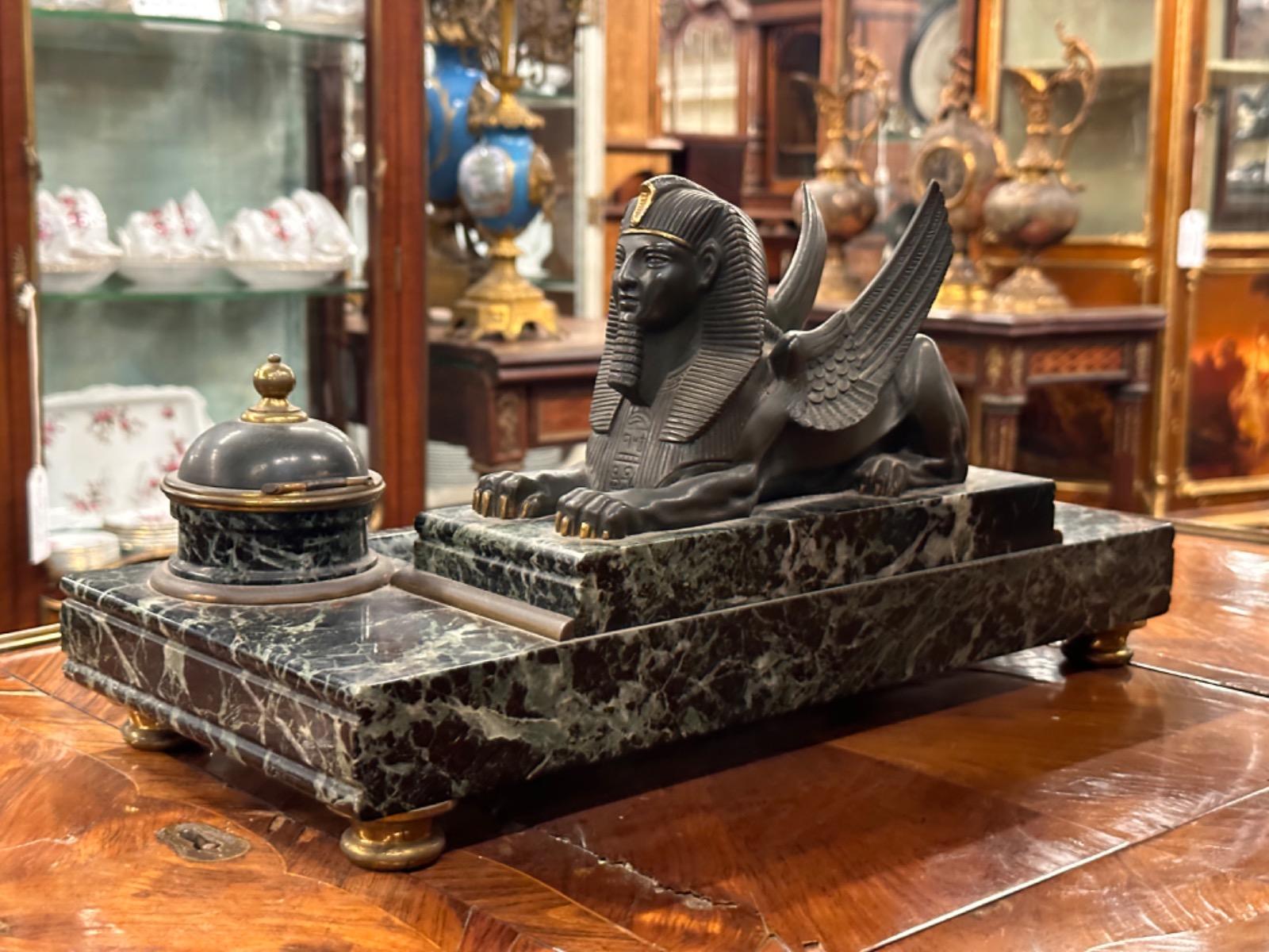 Egyptian Revival Bronze & Marble Inkwell Desk Set, 41x19x21h cm