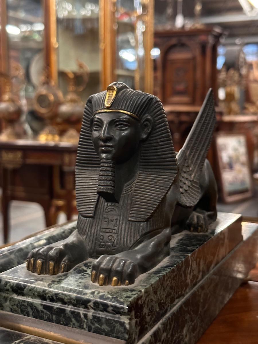 Egyptian Revival Bronze & Marble Inkwell Desk Set, 41x19x21h cm