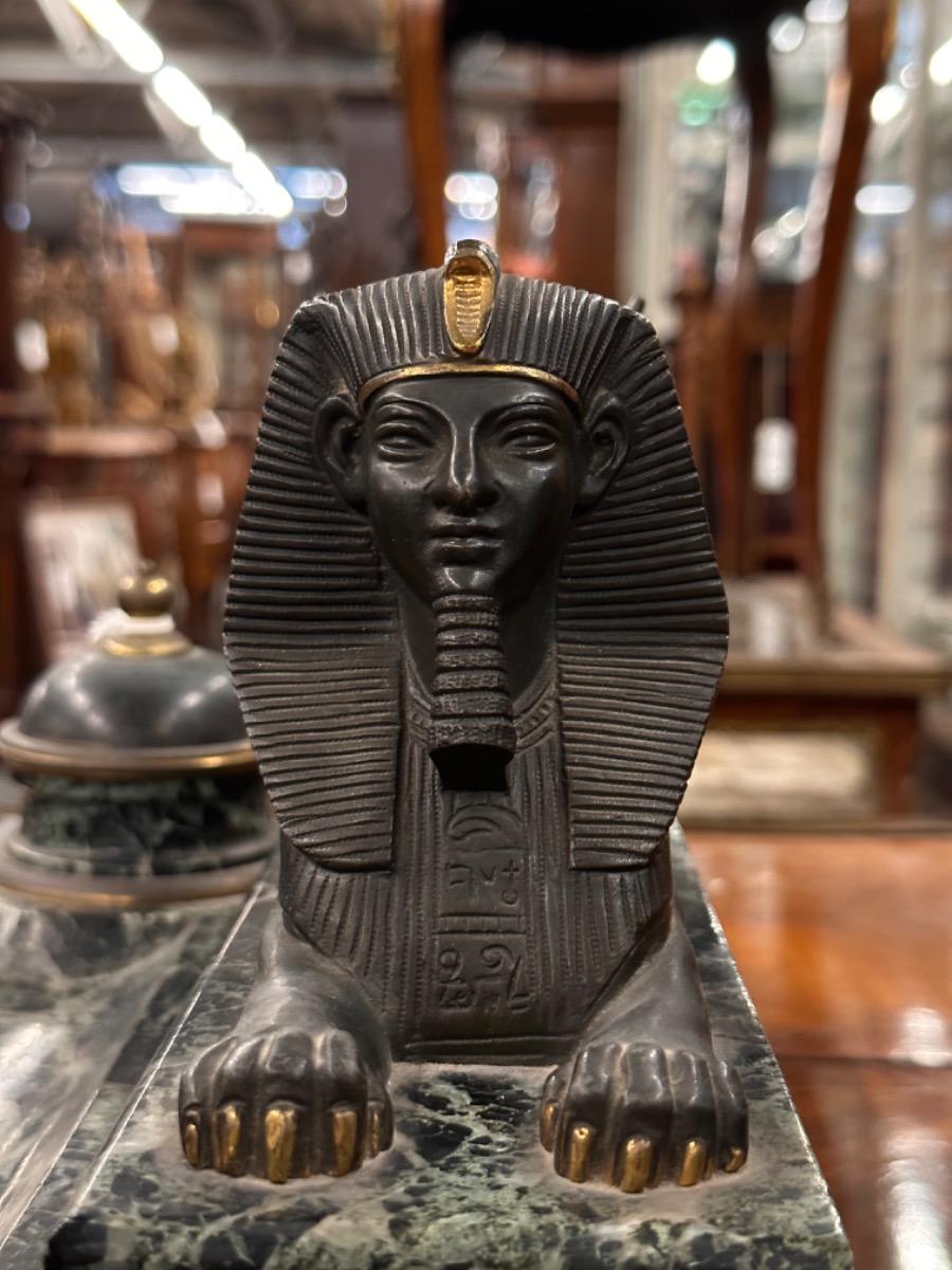 Egyptian Revival Bronze & Marble Inkwell Desk Set, 41x19x21h cm