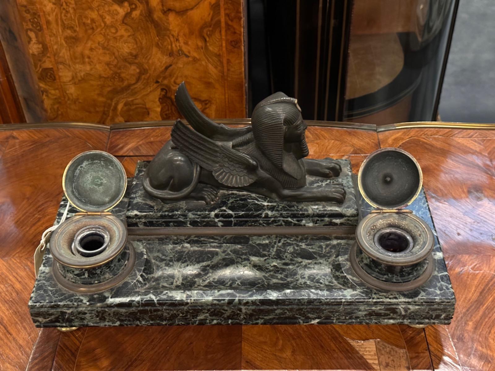 Egyptian Revival Bronze & Marble Inkwell Desk Set, 41x19x21h cm