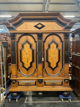 German oak cabinet with marquetry around 1900, 200x65x238H cm 