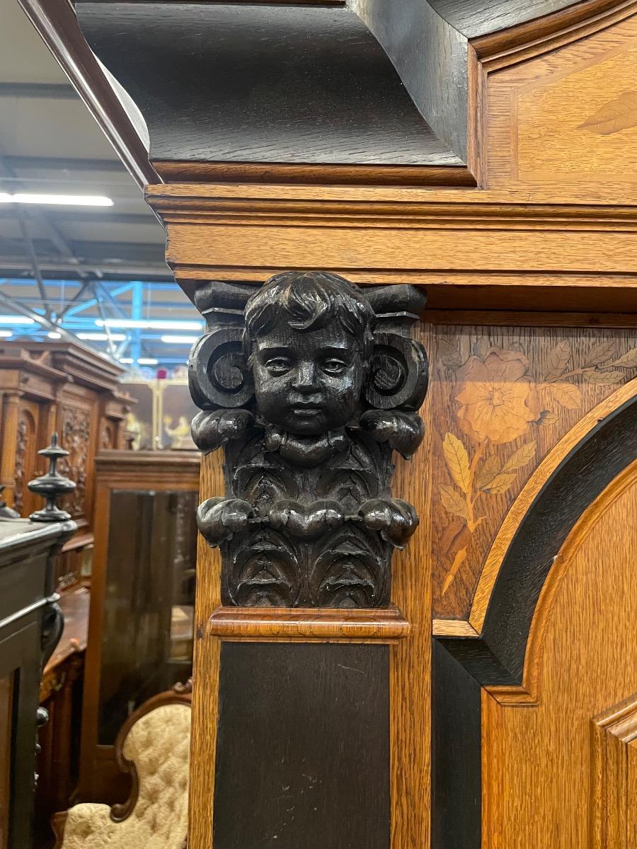 German oak cabinet with marquetry around 1900, 200x65x238H cm 