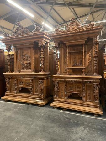 Gigantic pair of walnut carved buffets. 320 cm tall
