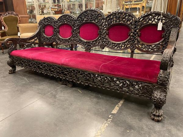 Heavily carved antique Anglo Indian bench. 255x75x100h cm 
