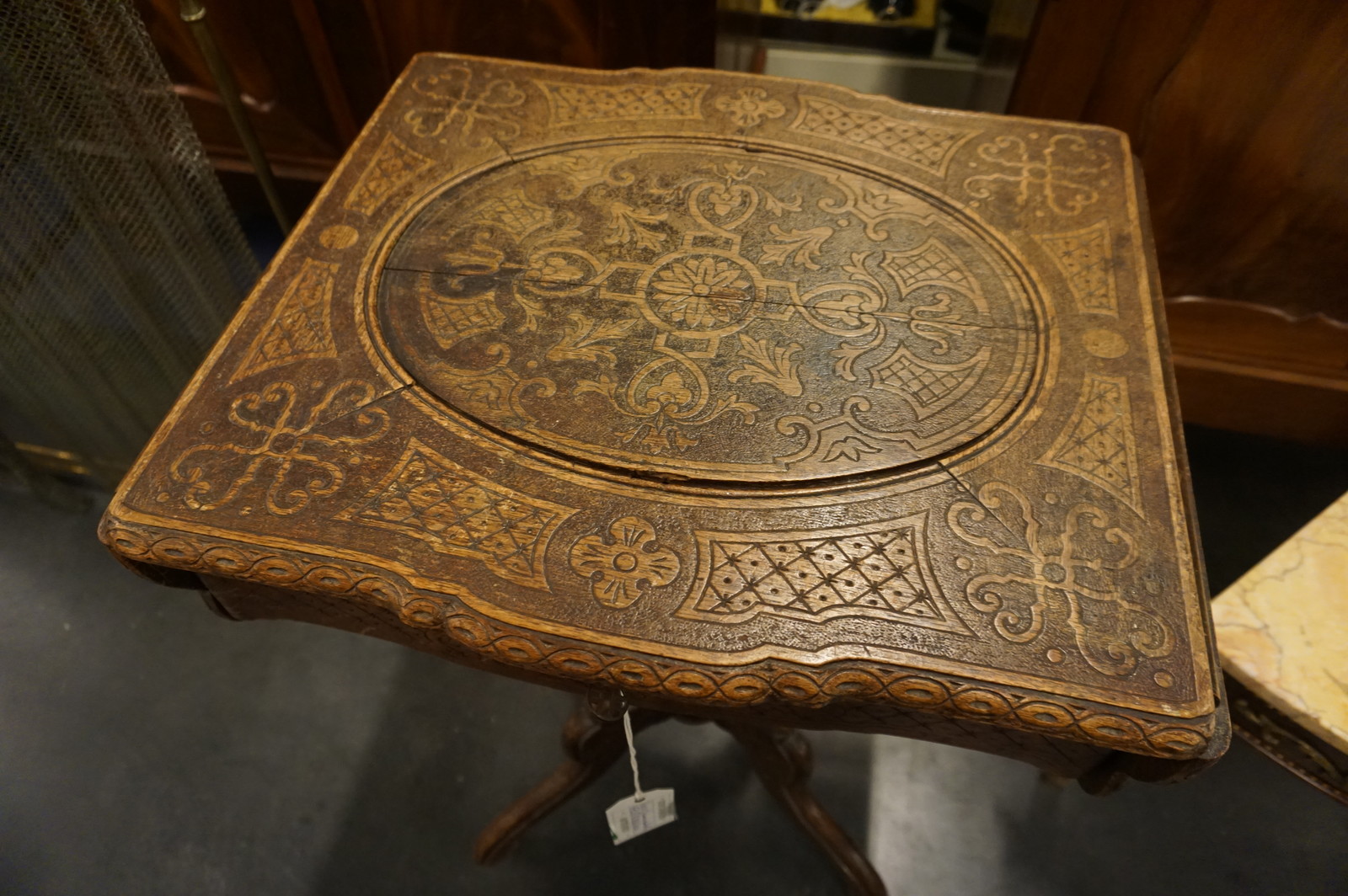 Horrix signed carved drop leaf sewing table