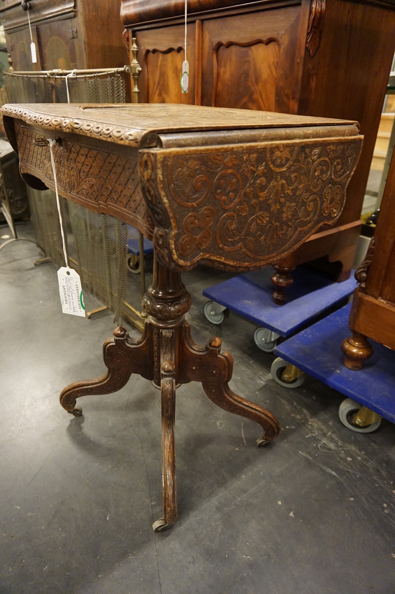 Horrix signed carved drop leaf sewing table