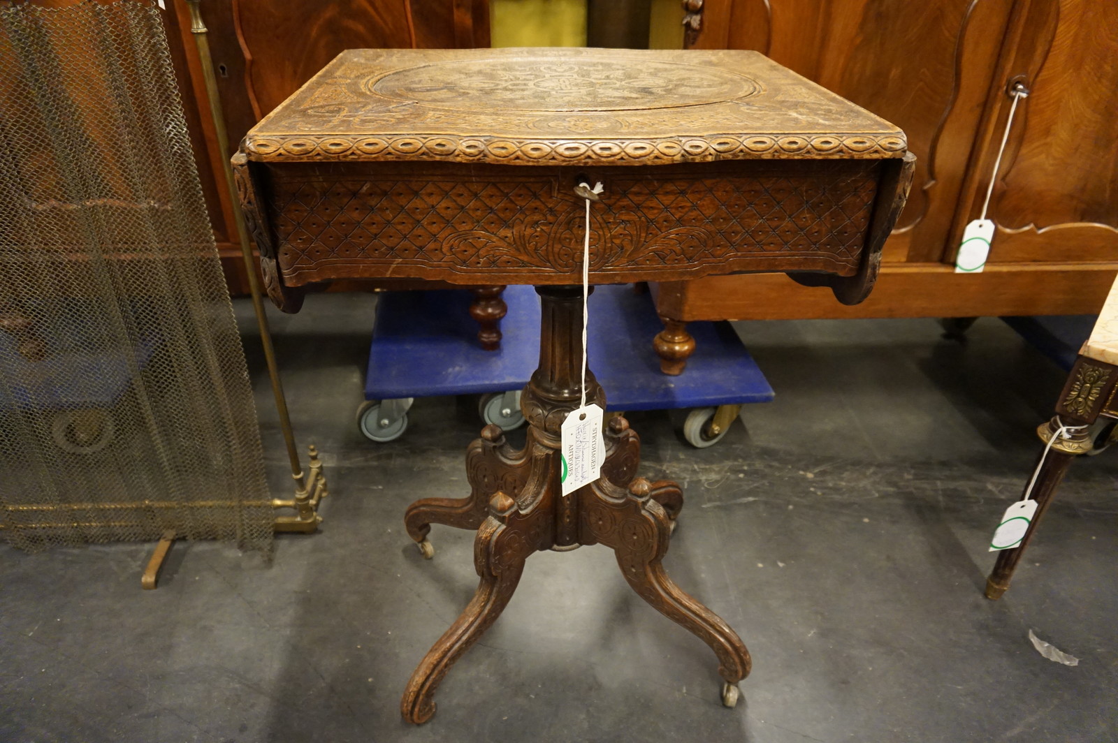 Horrix signed carved drop leaf sewing table