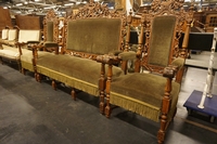 Hunting style Bench & 2 armchairs in oak, France 19th Century