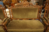 Hunting style Bench & 2 armchairs in oak, France 19th Century