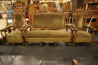 Hunting style Bench & 2 armchairs in oak, France 19th Century