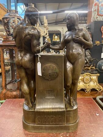 Impressive spelter Adam & Eva Lenzkirch signed clock, 45x23x87H cm 