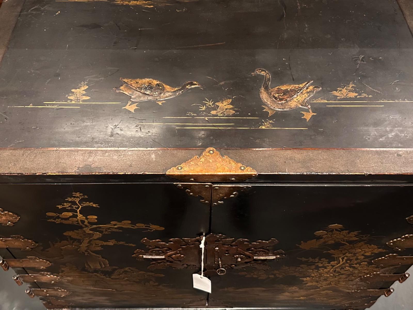 Japanese 18th century Lacquered Treasure Cabinet on stand, 92x51x142h cm