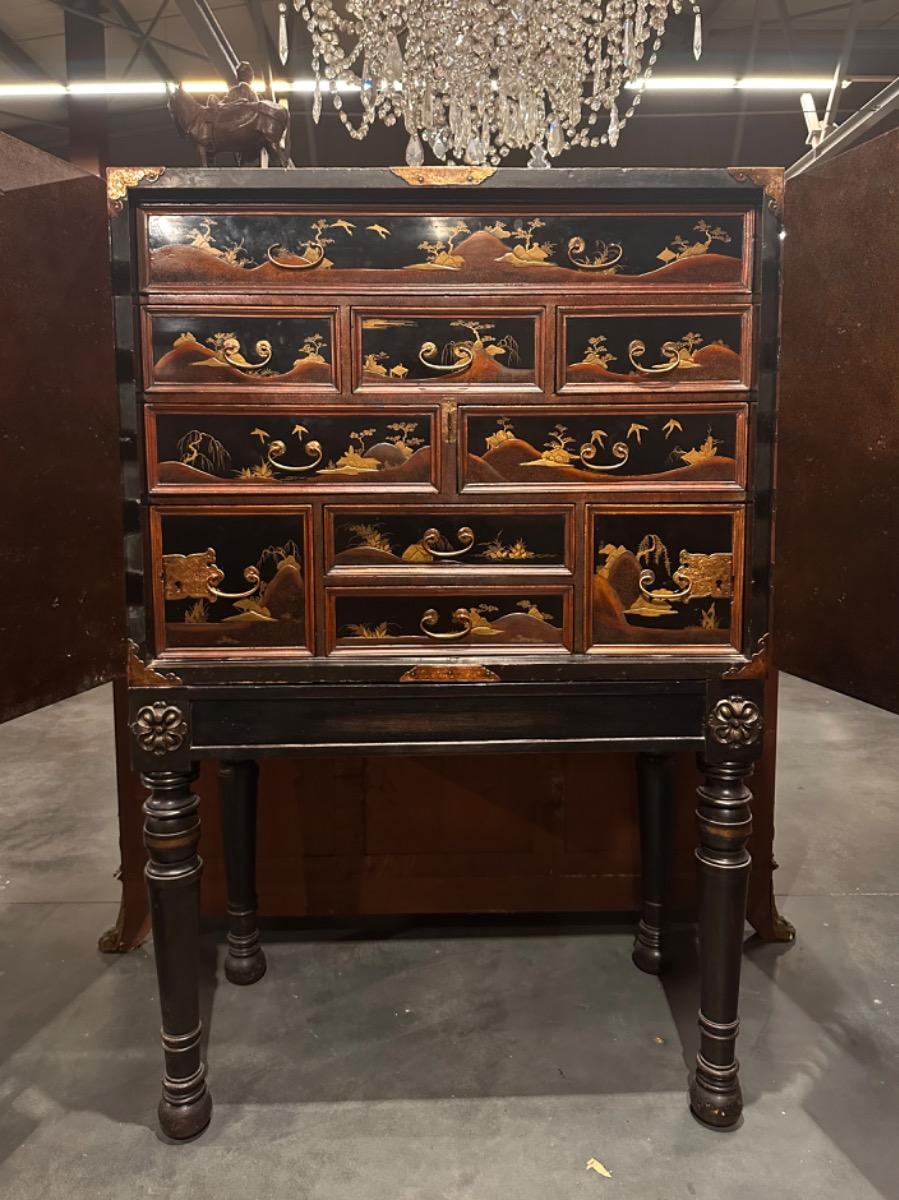 Japanese 18th century Lacquered Treasure Cabinet on stand, 92x51x142h cm