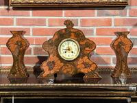Jugendstil Polychrome Painted Earthware Pendule “Rozenburg Den Haag”, clock 35x10x32h cm, holders 11x7x26h cm