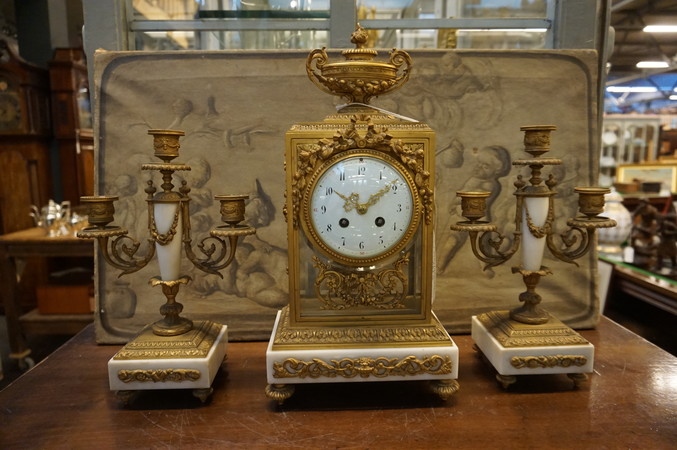 Louis XVI style bronze marble clock set