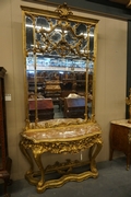 Mirror top console table in gilded wood, Italy early 20th C.