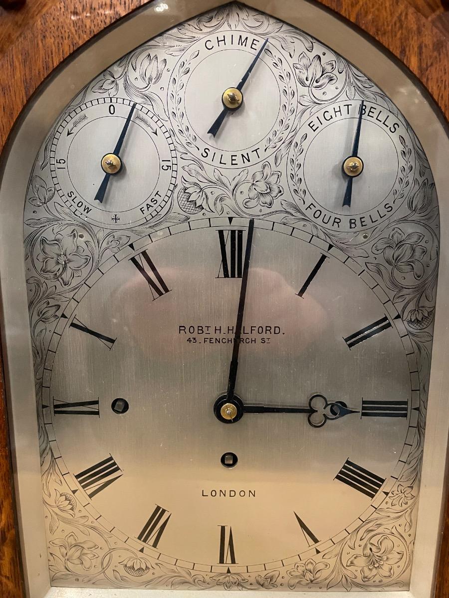 Oak gothic style table clock with chime on 8 bells, 46x28x66H cm 