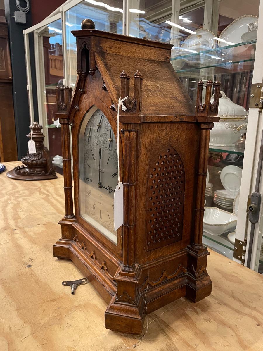 Oak gothic style table clock with chime on 8 bells, 46x28x66H cm 