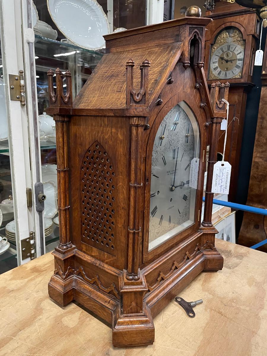 Oak gothic style table clock with chime on 8 bells, 46x28x66H cm 