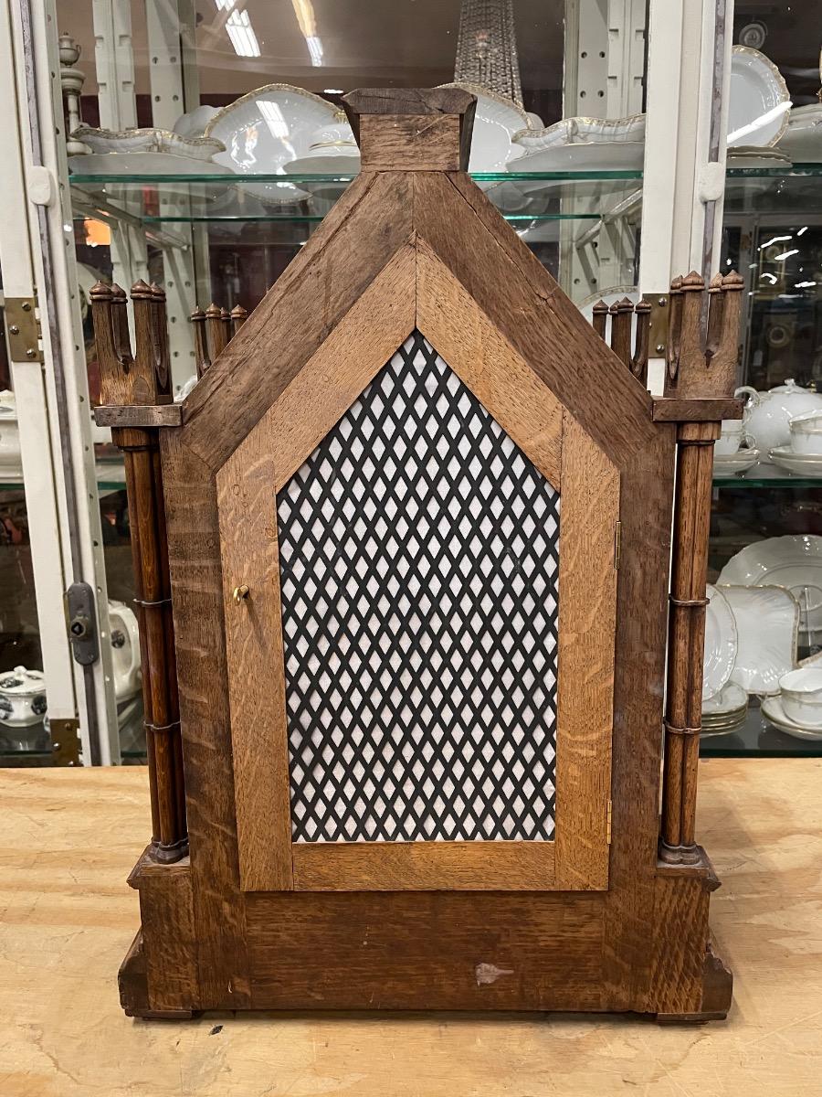Oak gothic style table clock with chime on 8 bells, 46x28x66H cm 