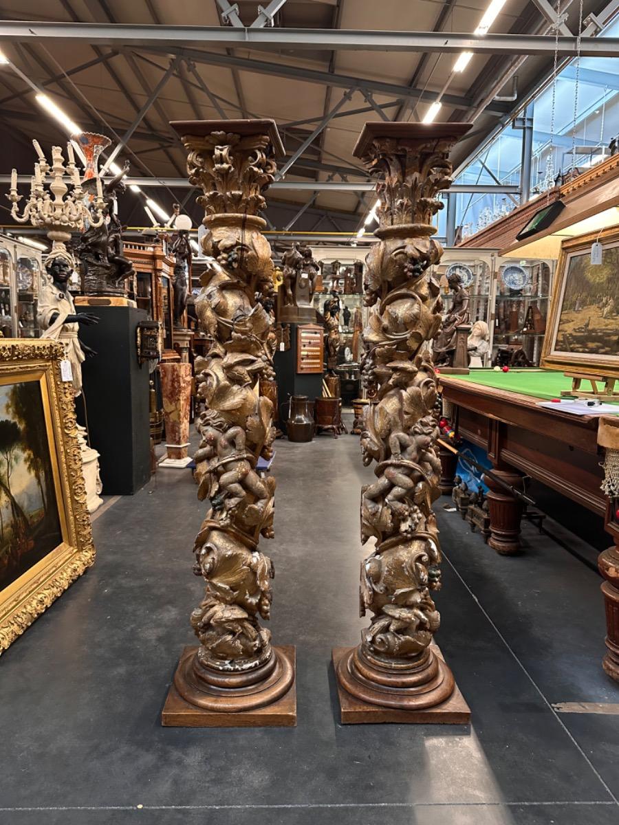 Pair of 18th century wood carved columns, 36x36x158h cm