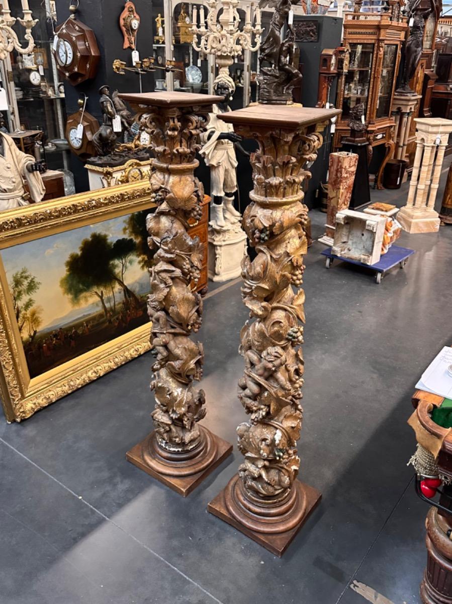 Pair of 18th century wood carved columns, 36x36x158h cm