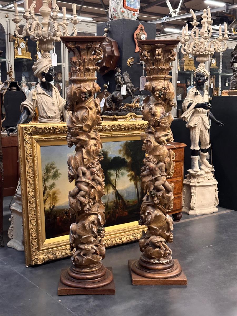 Pair of 18th century wood carved columns, 36x36x158h cm