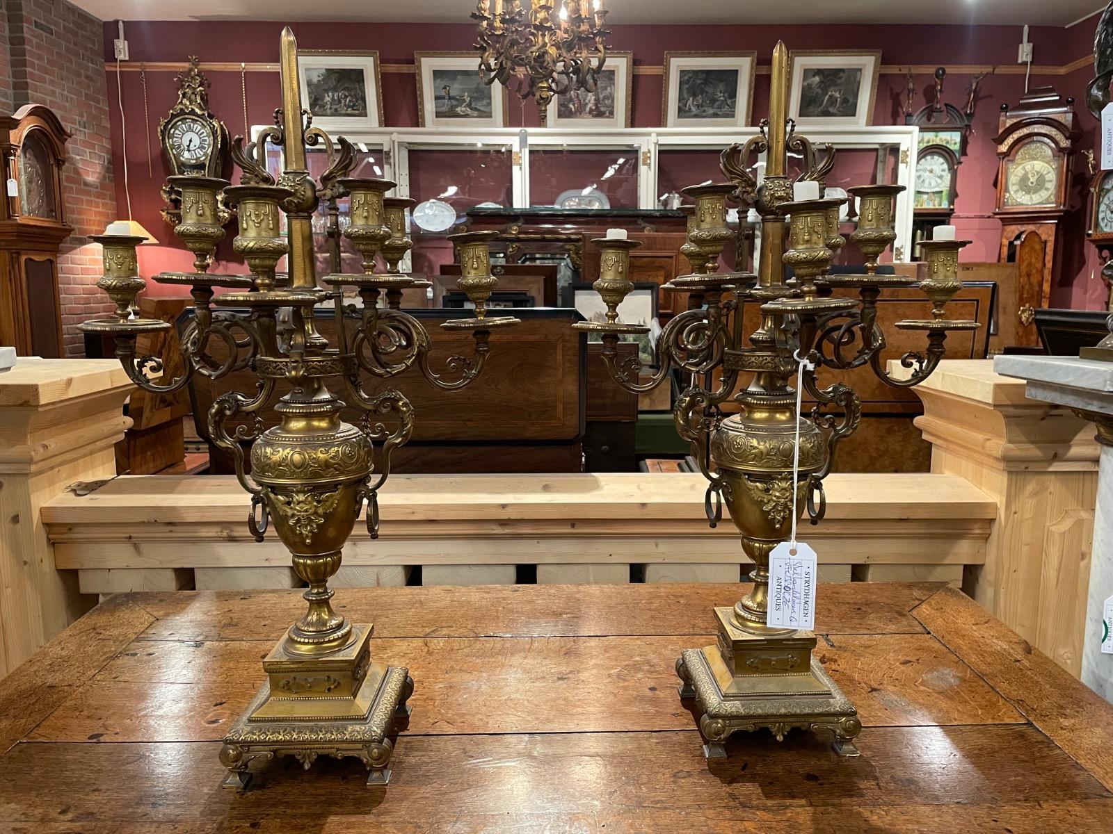 Pair of 19th century bronze gilded candelabras, 76H cm 