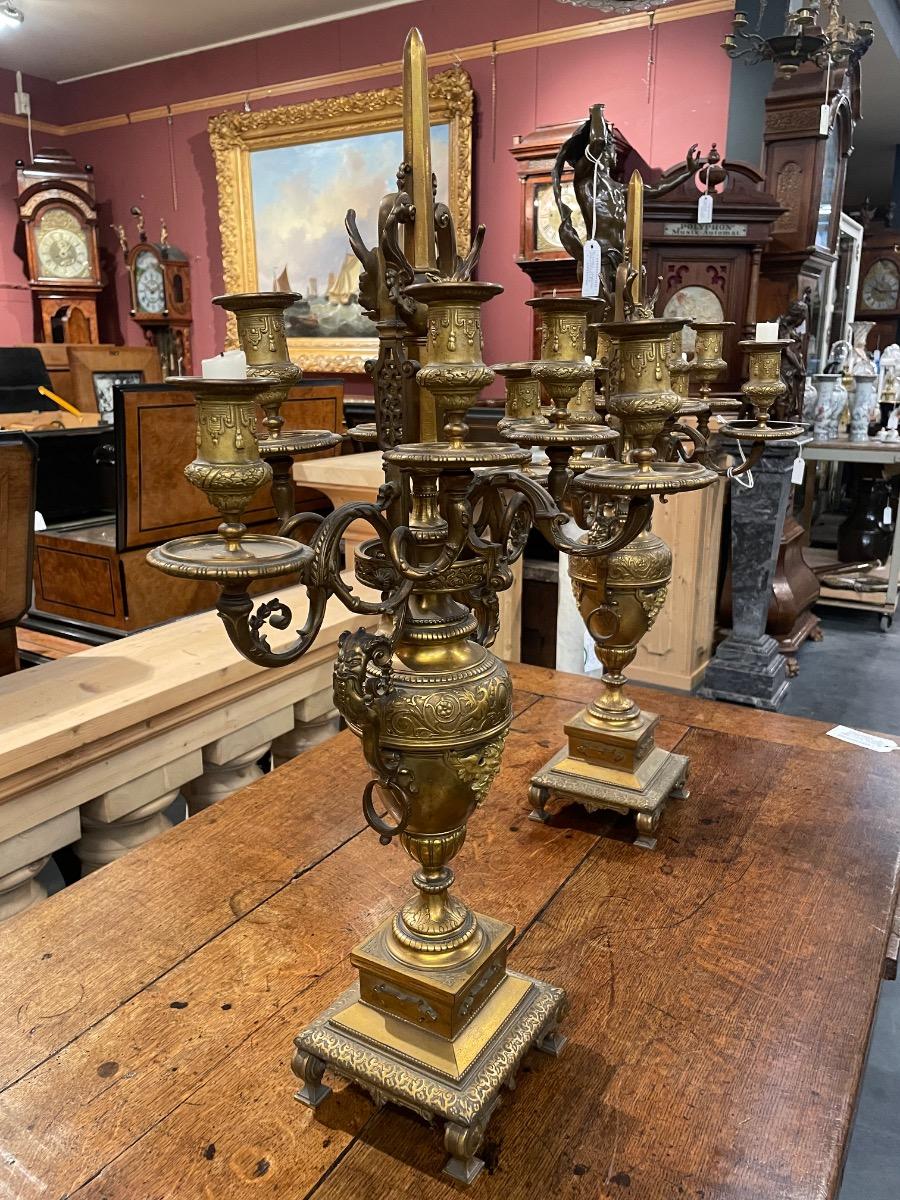 Pair of 19th century bronze gilded candelabras, 76H cm 