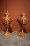 Pair of cassolettes in marble and bronze, France around 1900