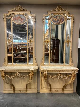 Pair of painted consoles with mirror. 124x46x305H cm 