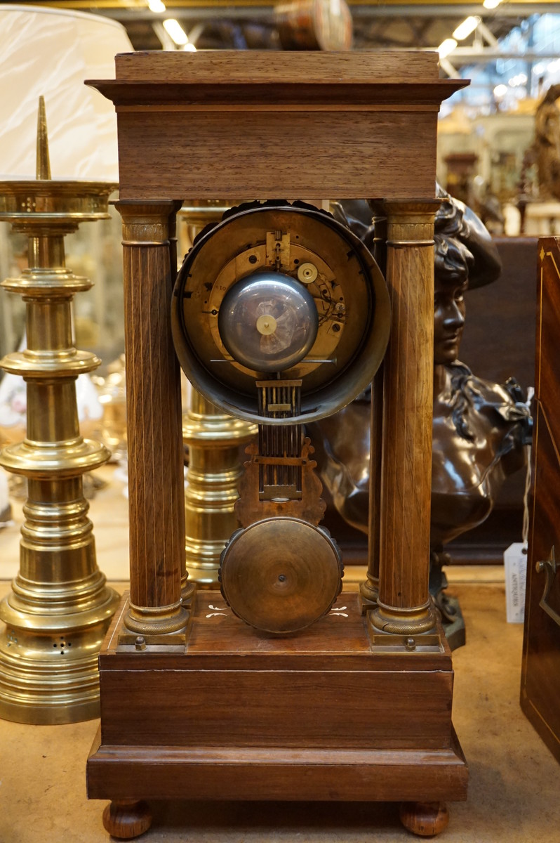 Rosewood portico clock with marquetry