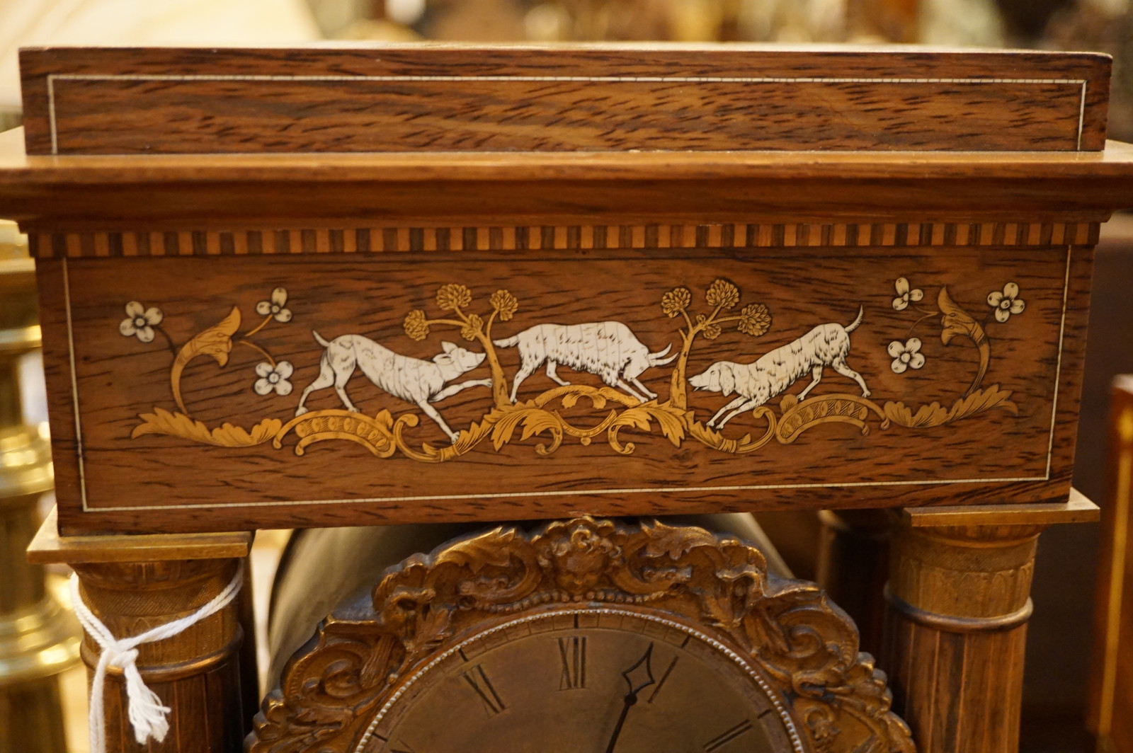 Rosewood portico clock with marquetry