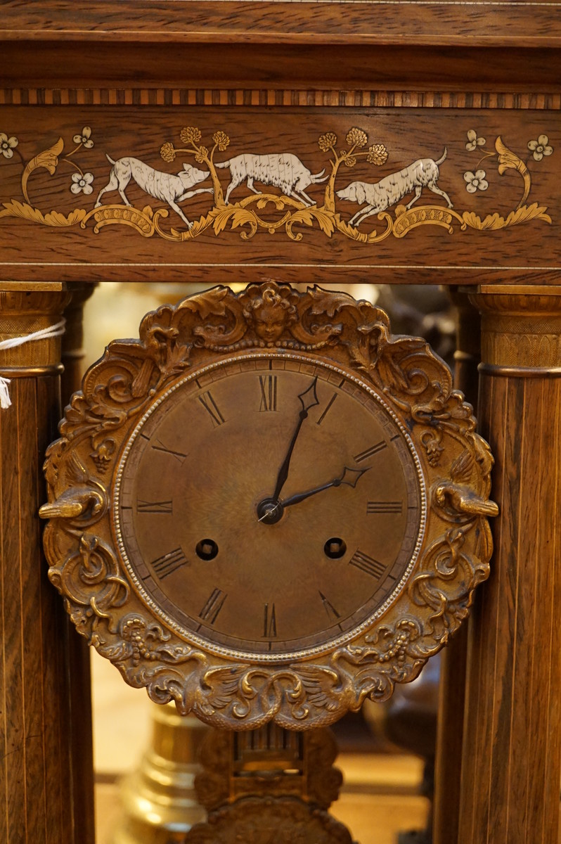 Rosewood portico clock with marquetry