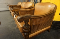 Sofa set in walnut & leather, Holland early 20th C.