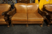 Sofa set in walnut & leather, Holland early 20th C.