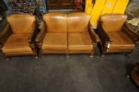 Sofa set in walnut & leather, Holland early 20th C.